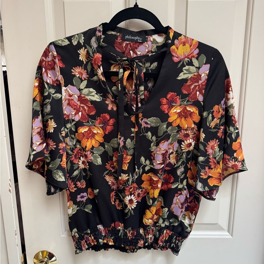 Philosophy Jr Floral Tie-Neck Blouse - Black with Orange, Red & Lavender Flowers